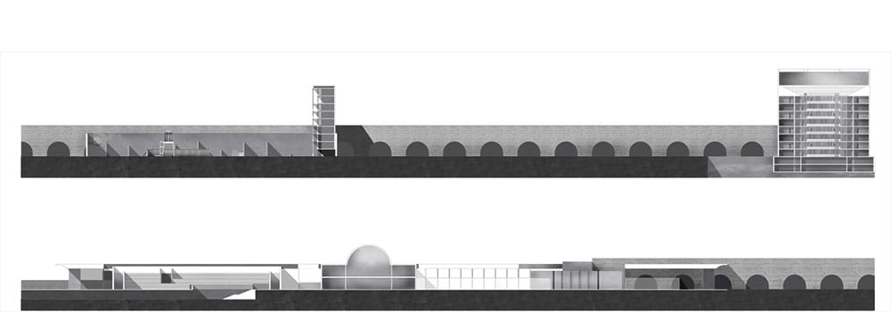 Section illustrating the educational platform, the hotel for the researchers and the floating structure arriving at the port. © Constantinos Marcou