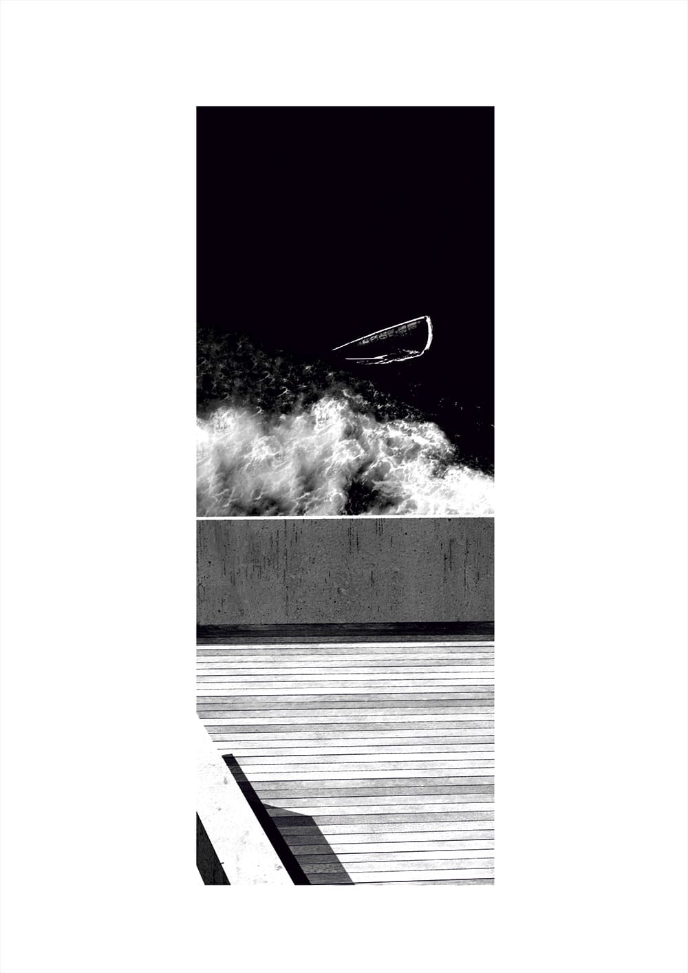 Collage illustrating a view of the intervention arriving to the port from the sea. The view as it seen from the floating structure. © Constantinos Marcou