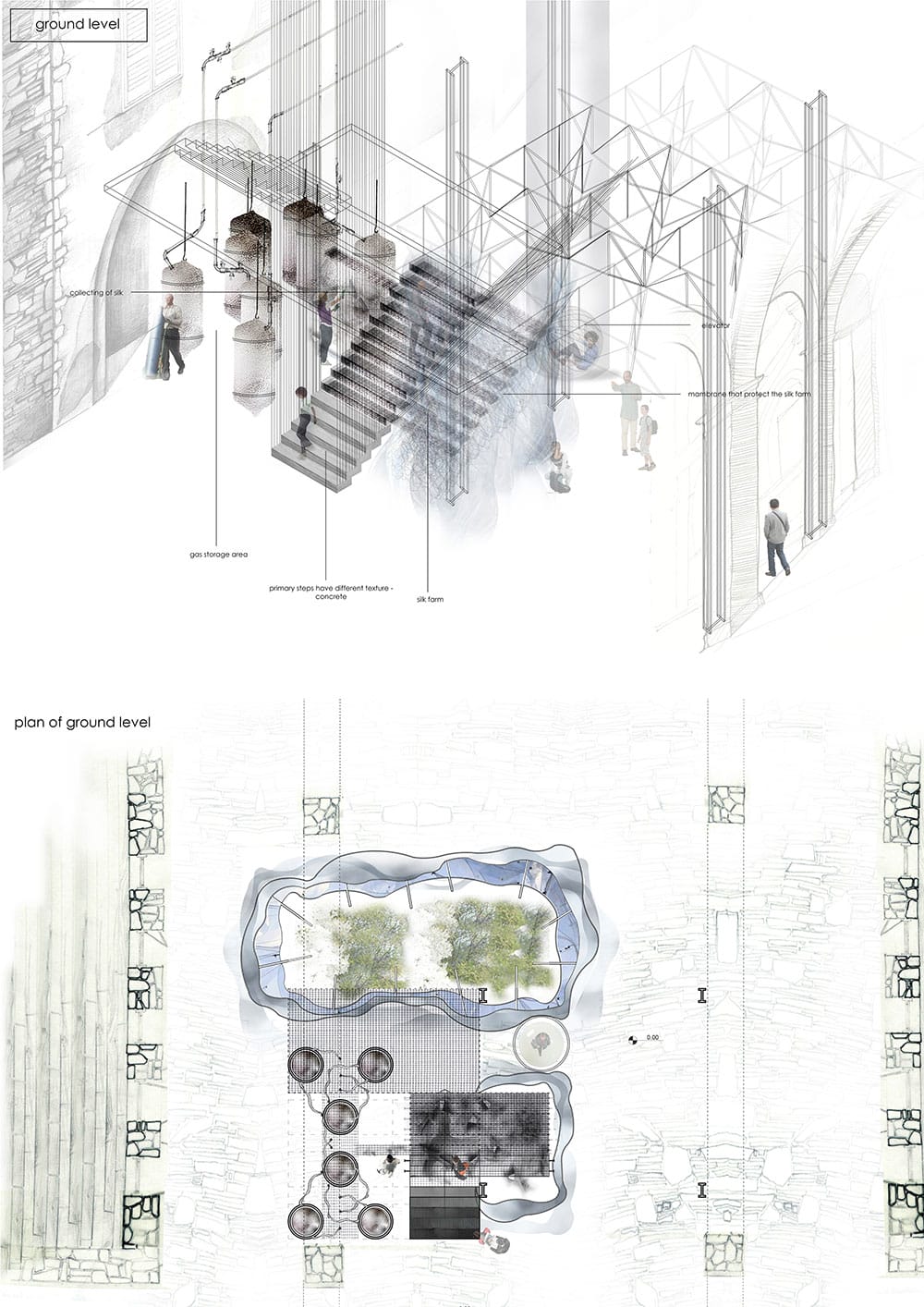 Axonometric drawing and plan of ground floor, © Σταύρου Έλενα