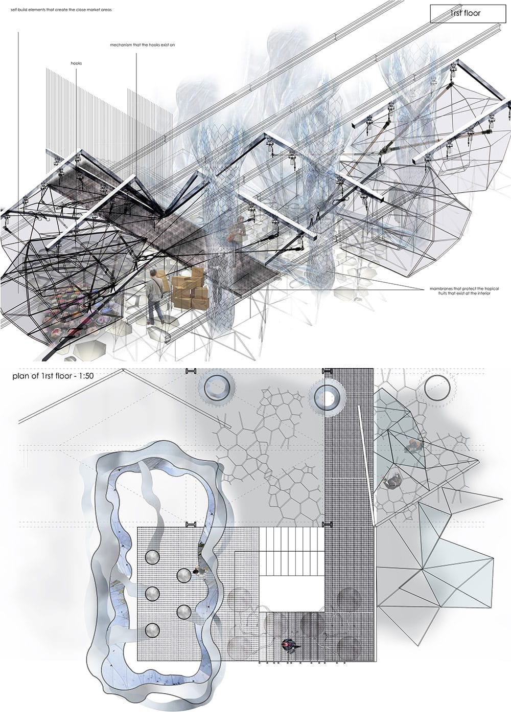 Axonometric drawing and plan of 1rst floor, © Σταύρου Έλενα