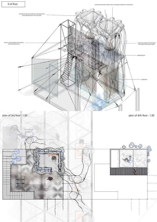 Axonometric drawing and plan 3rd-4rth floor, © Σταύρου Έλενα