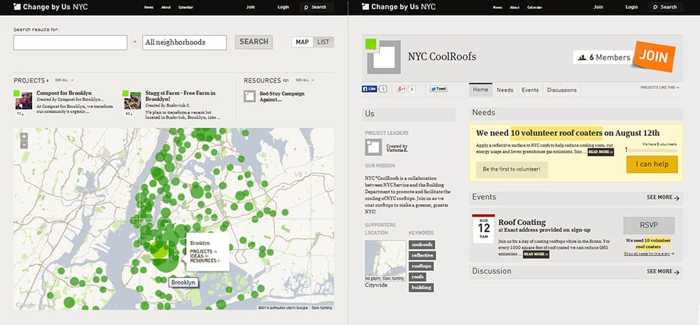 Οι πολίτες μπορούν να δηλώσουν τη συμμετοχής σε προγράμματα της πόλης τα οποία εμφανίζονται σε λίστα και σε χάρτη, ανά γειτονιά © http://nyc.changeby.us/search#map