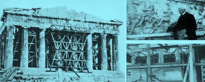 Ο Νικόλαος Μπαλάνος και η αναστήλωση του Παρθενώνα. Σύνθεση εικόνων από τον ιστότοπο του ελληνικού Υπουργείου Πολιτισμού, στο http://www.ysma.gr.
