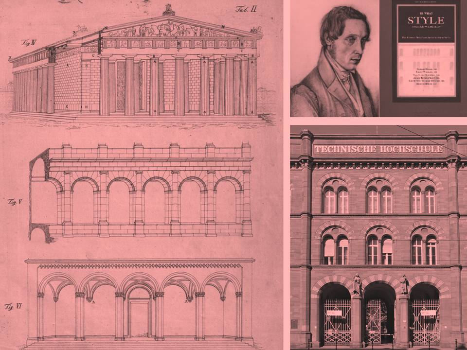 Heinrich Hubsch, πρόσφατη έκδοση του κειμένου του στα αγγλικά με τίτλο In What Style Should We Build? μαζί με τα κείμενα άλλων Γερμανών αρχιτεκτόνων της εποχής πάνω στην αναζήτηση του νέου γερμανικού ρυθμού. Εικόνα από τη μελέτη του και από εφαρμοσμένο έργο του πάνω στη νεο-ρωμανική δική του πρόταση (πρόκειται για το Rundbogenstil που εφαρμόστηκε ακόμα και στην Αθήνα από Γερμανούς αρχιτέκτονες, βλ. Κτίριο Weiler-ενταγμένο σήμερα στο Νέο Μουσείο Ακρόπολης).