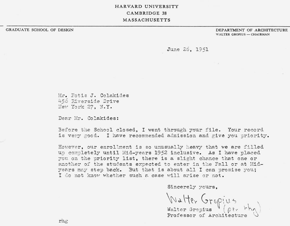Επιστολή Walter Gropius (26 Ιουνίου 1951), © Αρχείο Φώτη Κολακίδη