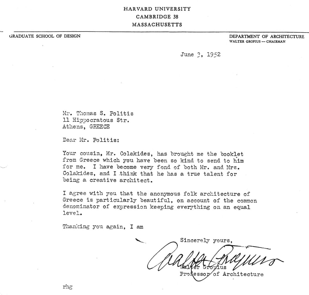 Επιστολή Walter Gropius (3 Ιουνίου 1952), © Αρχείο Φώτη Κολακίδη