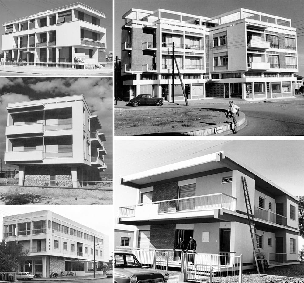 Έργα του Φώτη Κολακίδη (από πάνω αριστερά και ακολουθώντας τους δείκτες του ρολογιού): πολυκατοικία στην οδό Δωδεκανήσου στη Λεμεσό (δεκαετία 1960), πολυκατοικία στο παλαιό λιμάνι στη Λεμεσό (δεκαετία 1950), διπλοκατοικία στη NAAFI στη Λεμεσό (δεκαετία 1960), κτήριο ΠΕΟ στη Λεμεσό (δεκαετία 1950), πολυκατοικία στην Αμμόχωστο (1958), © Αρχείο Φώτη Κολακίδη