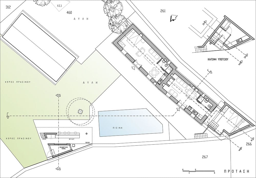 Κάτοψη – Πρόταση.  Συντήρηση/ αποκατάσταση των δύο μακρυναριών και προσθήκη νέουτμήματος στα νότια για χρήση του ως υπνοδωμάτιο.  Κάτω από τον εν λόγω χώρο διαμορφώνεται αποθήκη/ πλυσταριό.  Στα δυτικά και σε γειτνίαση με την πισίνα, νέος υπόστεγος χώρος, © ΑΚ Αρχιτεκτονικό Εργαστήρι