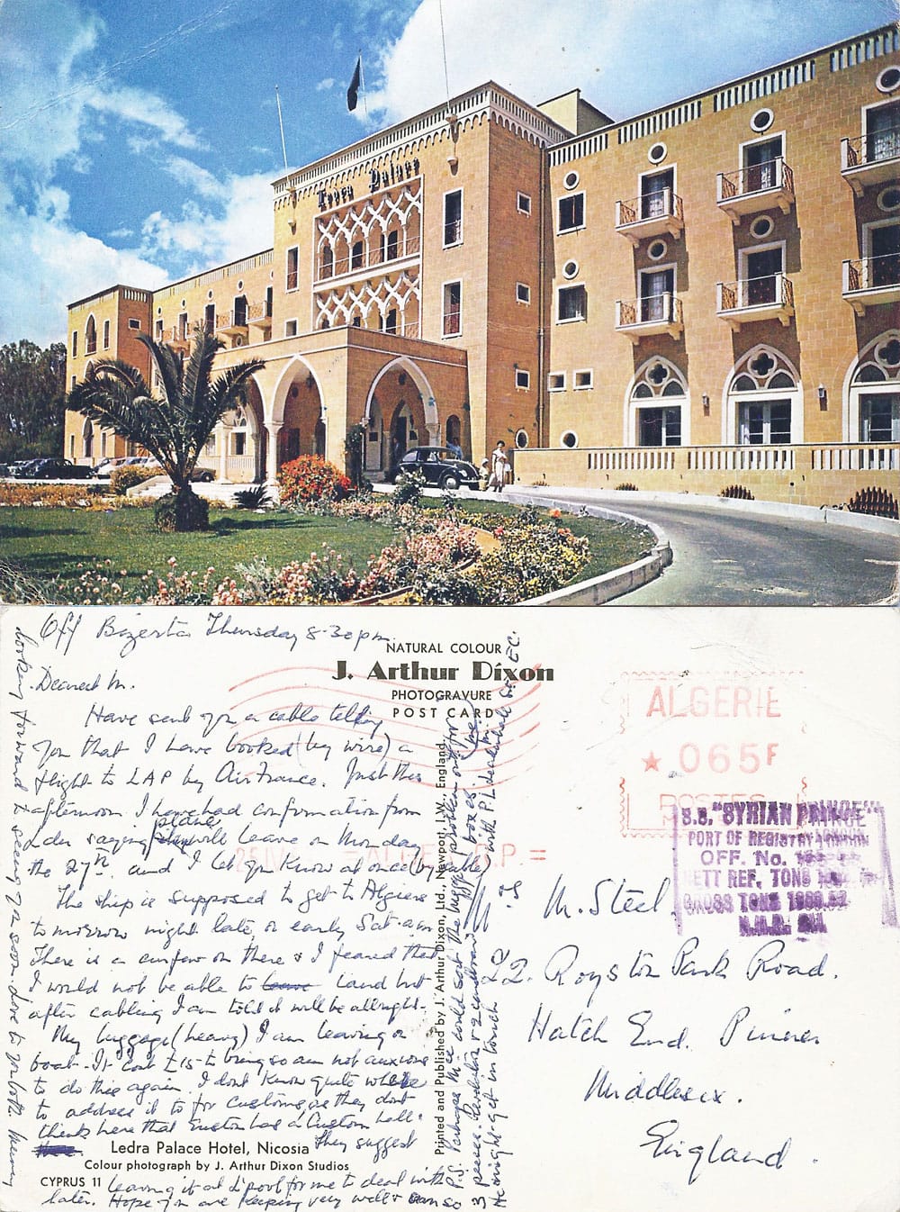 Δελτάριο: «Ξενοδοχείο Λήδρα Πάλας, Λευκωσία» (Διανομέας: J. Arthur Dixon Ltd., Τυπώθηκε στην Αγγλία), © Συλλογή Φειδία Παυλίδη