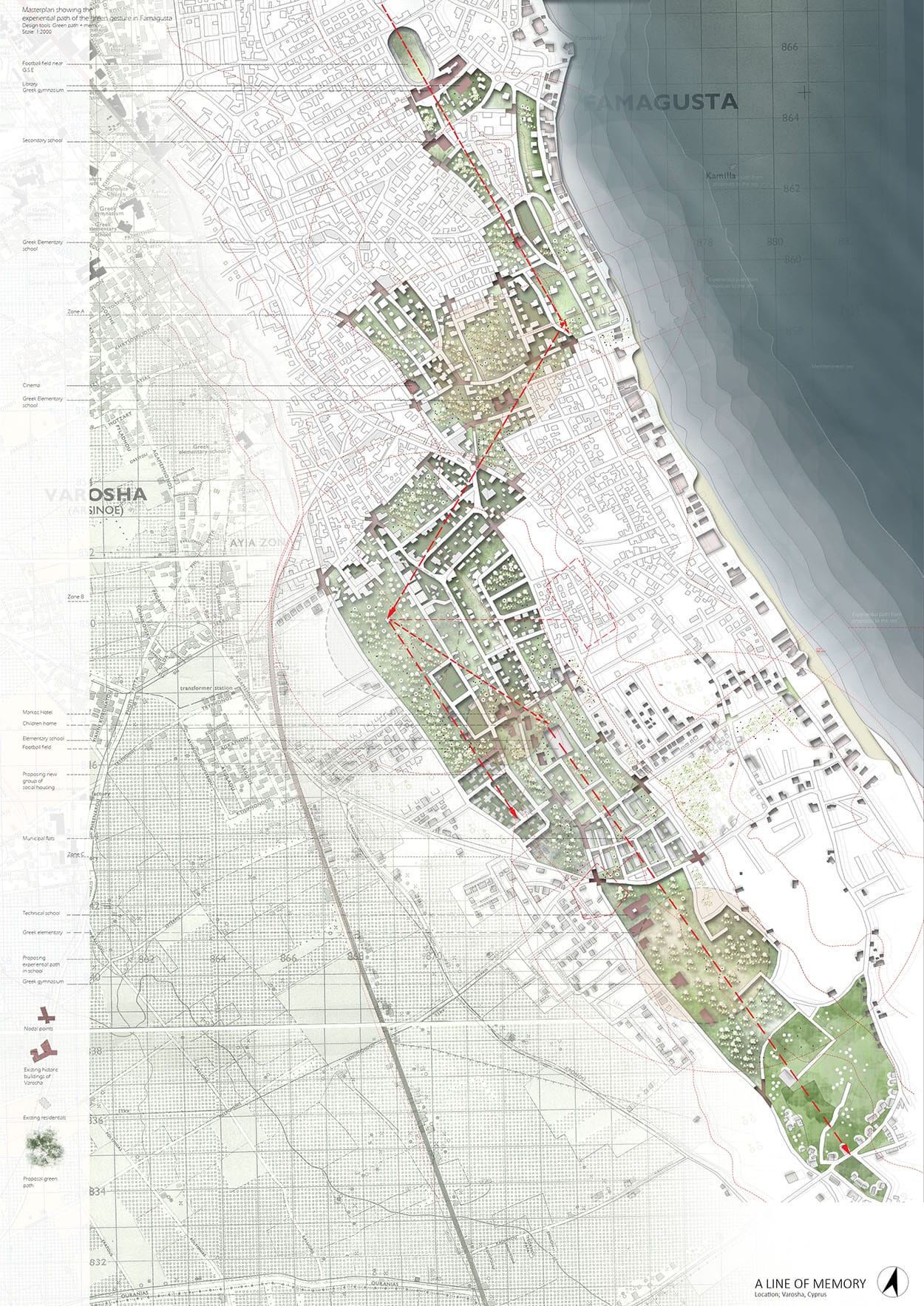 Γενικός αστικός σχεδιασμός της πρόθεσης μιας πράσινης χειρονομίας, σε μορφή masterplan. (ζώνη Α, Β, Γ) scale 1:2000, © Βασιλεία Κοκότση