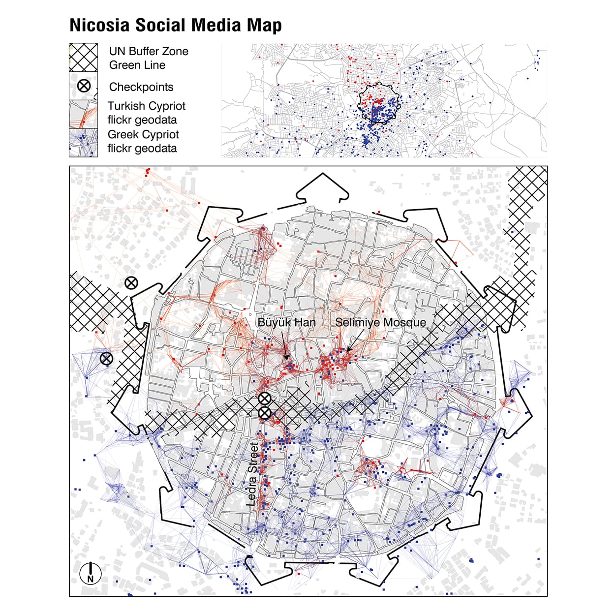 Χαρτογράφηση κινητικότητας στα μέσα κοινωνικής δικτύωσης. Η εντός των τειχών πόλη παρουσιάζει την περισσότερη δραστηριότητα με την οδό Λήδρας και την περιοχή του Μπουγιούκ άν να παρουσιάζουν παρουσία Ελληνοκυπρίων και Τουρκοκυπρίων (Δεδομένα από Flickr, Foursquare και Panoramio μέχρι 20 Οκτωβρίου 2015) , © Ανδρέας Παπαλλάς